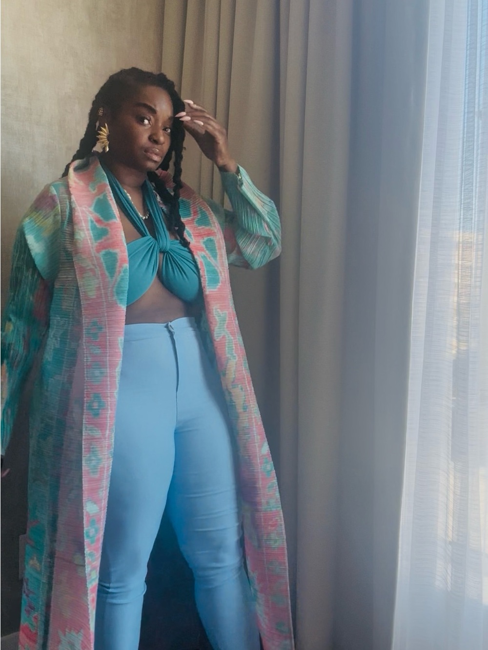 Long Pastel Duster Coat in Mint & Peach - Picture 5 of 11